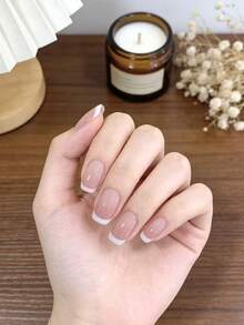 10片手绘粉色混合经典法式简约高品质美甲贴纸，适合所有季节，日常佩戴，短梯形，适合女性和女孩，DIY美甲套装，可作为礼物，按压式美甲贴纸，美甲产品，美甲用品 - 淺粉色 - 查看 2