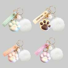 Cute Cartoon Cat Paw Keychain, Fluffy Pom Pom Pendant, Holiday Gift, Girlfriend Gift - Multicolor - View 1