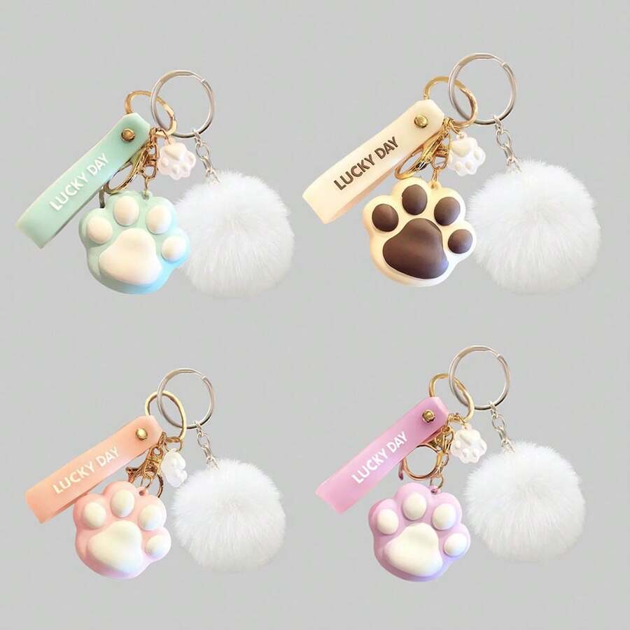 Cute Cartoon Cat Paw Keychain, Fluffy Pom Pom Pendant, Holiday Gift, Girlfriend Gift - Multicolor - View 1