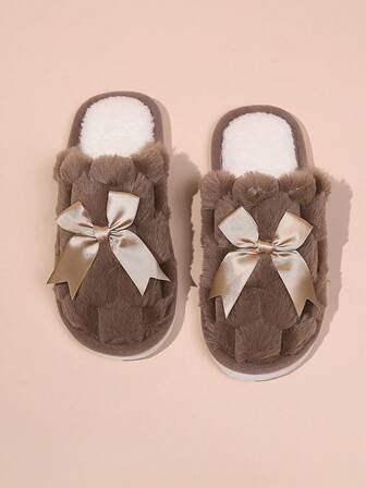 Women's Casual Cute Bowknot Plush Slip-On Slippers, Lightweight Soft Sole Indoor House Slippers With Warm Lining, Suitable For Living Room And Bedroom, Spring/Autumn