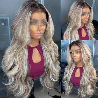 Perucă sintetică cu dantelă frontală 13x4, auriu ombré, lungime 24 inci, ondulată și buclată, material Kanekalon fără lipici, perucă sintetică durabilă, parte liberă, densitate 150%, potrivită pentru purtarea zilnică a femeilor, aspect natural și moale, ușor de purtat și de îndepărtat, potrivită pentru începători