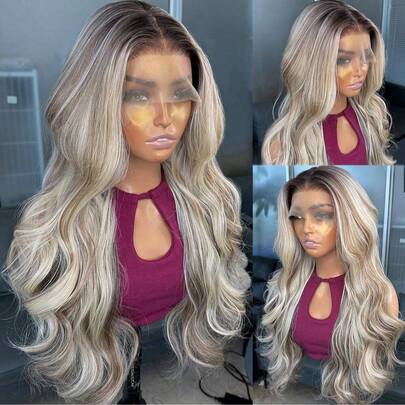 Peluca sintética con encaje frontal de 13x4, ombre dorado, 24 pulgadas de largo, ondulada y rizada, material Kanekalon sin pegamento, peluca sintética duradera, raya libre, densidad del 150%, adecuada para uso diario de mujeres, apariencia natural y suave, fácil de usar y quitar, ideal para principiantes