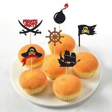 12/24pcs Glitter Pirate Theme Cupcake Toppers, Pirate Ship And Skull Design Cake Picks, Suitable For Birthday Party Decoration, Baby Shower Supplies - Multicolor - View 3