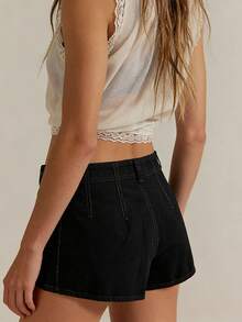 Women Loose Fit Denim Shorts Elegant Double Button Closure Summer Mini Shorts For Beach Daily Wear - màu đen - Xem 2