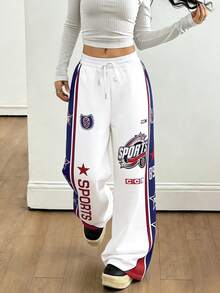 春季新款女式运动裤：撞色设计，白色、蓝色、红色，复古运动图案印花，宽松阔腿版型，舒适休闲面料，适合日常穿着和复古街头风。 - 藍白色 - 查看 4