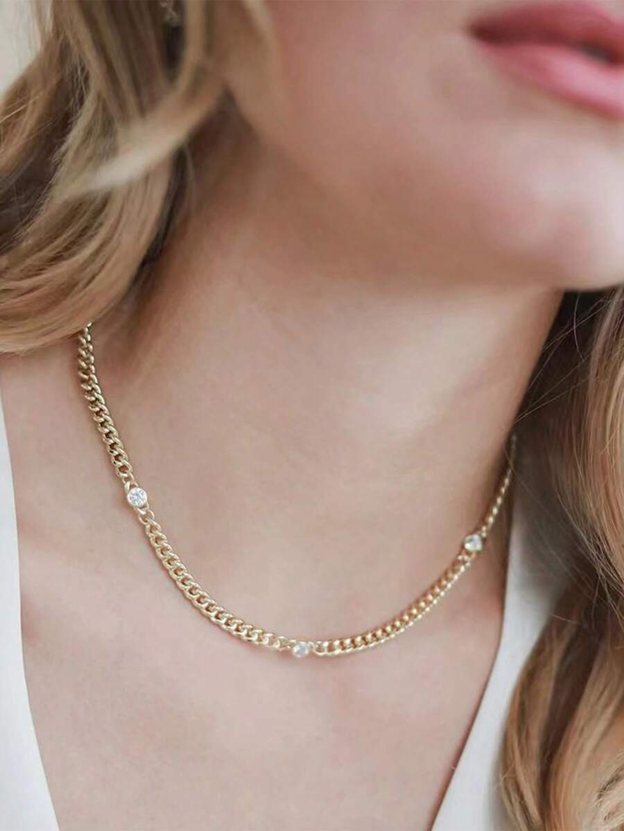 Nooxian 1件时尚简约立方氧化锆锁骨链项链，女士派对礼物 - 金黃色 - 查看 1