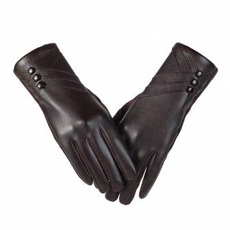 1 Pair Women's PU Leather Gloves, Winter Outdoor Touchscreen Riding Gloves With Thermal Lining, High-End Windproof Gloves, Solid Color PU Leather Gloves