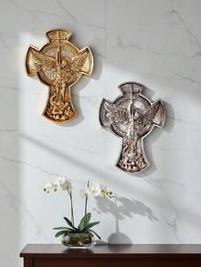 1pc Nordic Mythology Art Design Large Angel Decorative Wall Hanging, Resin Material With Gold & Silver Foil, European Vintage Angel Cross Wall Decor - Multicolor - View 3