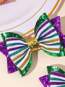 2pcs Carnival Green & Yellow Basic Bow Hair Clips, Fabric Glitter Bow Decorated Hair Clips, Fashion Alligator Clips Carnival Hair Accessories, Carnival Party Gift - Green - View 6