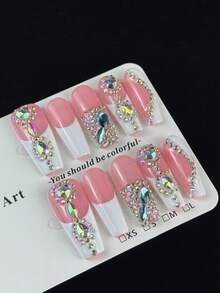 10片装高端甜美少女风手工彩绘立体心形钻石闪亮镶钻假指甲，适合春季郊游、露营野餐、姐妹聚会、下午茶和生日派对等场合。 - 彩色 - 查看 2