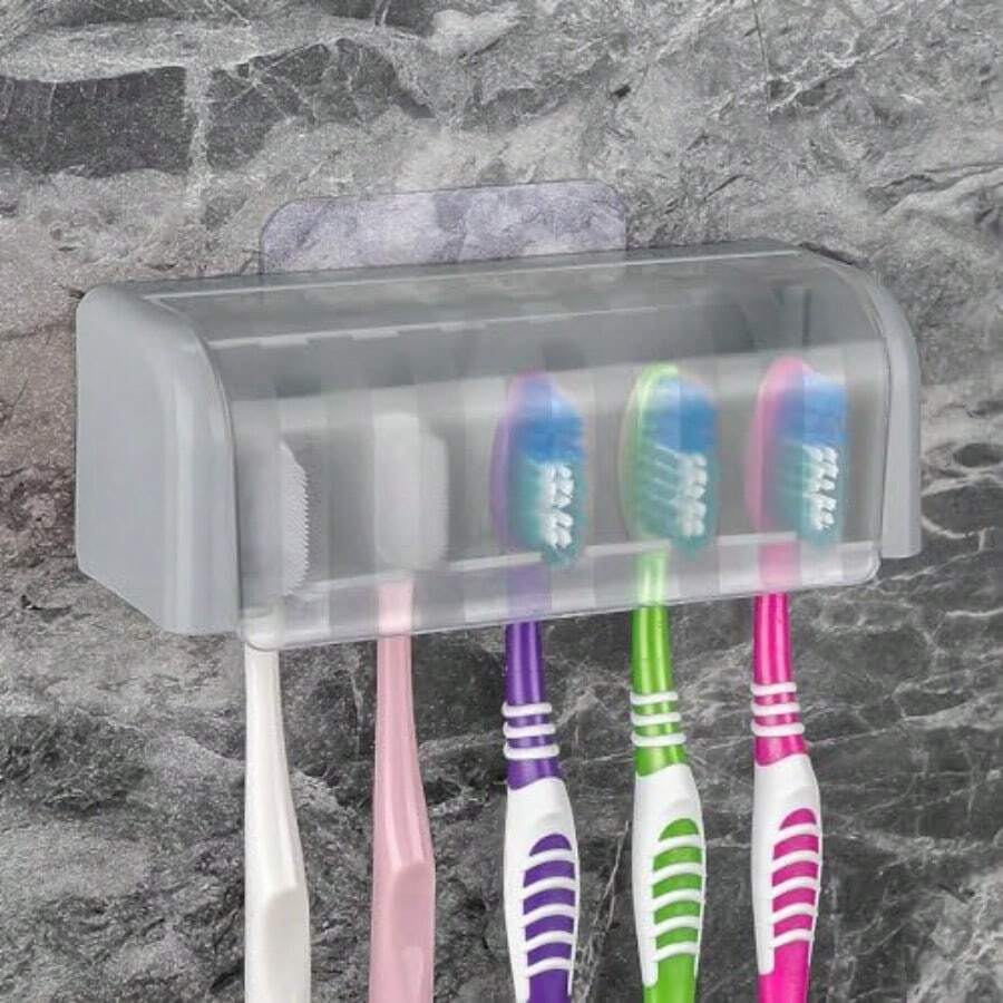5 Slots Wall Mount Toothbrush Holder With Cover Self Adhesive Toothbrush Storage Organizer For Shower Toothbrush Hanger With Automatic Toothpaste Squeezer Dispenser - 灰色 1 包 - 查看 1