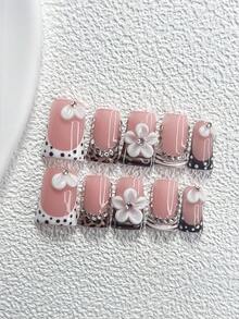 10片甜美法式美甲贴片，亚克力美甲套装，5瓣小白花，水钻美甲装饰，豹纹，条纹美甲装饰，白色、黑色、棕色指甲油美甲用品手工美甲贴片 - 彩色 - 查看 14