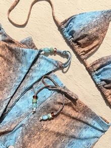 三件套女士泳衣比基尼套装，性感波西米亚风渐变蓝色动物纹迷你三角泳裤套装，含罩衫，适合度假、海滩、泳池和派对穿着，春夏系列 - 彩色 - 查看 9