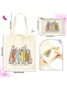 Large Capacity Floral & Book Themed Printed Beige Canvas Tote Bag With Zipper Pouch, Shoulder Bag