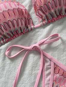 女士独特纹理面料比基尼两件式泳衣，可爱挂脖式露背设计 - 粉色 - 查看 3