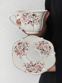 1 Set Cup + Saucer, Luxury European Style Gold Rimmed Rose Flower Coffee Cup, Elegant Afternoon Tea Set, High-End Cappuccino Latte Art Cup & Saucer, Dessert Plate, Suitable For Restaurant, Living Room, Cafe - Multicolor - View 4