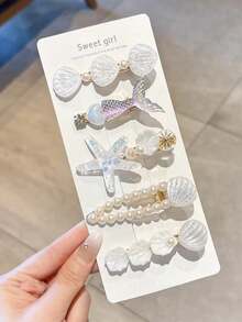 5pcs/Set Mermaid Style Ocean Theme Teen Hair Accessories, Shell, Starfish, Mermaid Tail Design Hair Clips, Cute Ocean Elements Photo Props Hair Clips (Random Cardboard) - Multicolor - View 8