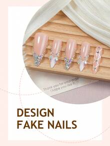 24片法式杏仁形亚克力美甲贴纸，3D水钻蝴蝶结装饰，十字交叉线条设计，简约甜美Y2K风格，表面光滑，全覆盖假指甲，适合女性和女孩日常佩戴的美甲用品 - 彩色 - 查看 3