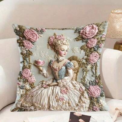1个粉色花朵女孩图案抱枕套 - 17.7*17.7英寸，2D数码单面印花，现代风格，拉链封口，可机洗，适合室内/室外沙发、床等场所使用，不含枕芯