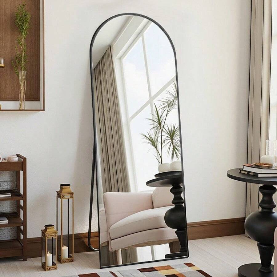 58"X18" Arched Full Length Mirror - Wall/Floor Mounted With Stand Shatter-Proof Glass And Aluminum Frame Large Body Mirror For Bedroom Living Room Entryway Or Cloakroom Black - 58吋 x 18吋 黑色 + 58吋長 x 18吋寬 - 查看 1