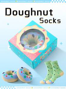 1 par de calcetines de media caña multicolor de regalo, caja de regalo unisex para parejas, calcetines novedosos con diseño de donut suave, patrones inspirados en comida creativa, cómodos y versátiles, adecuados para cumpleaños, San Valentín, Pascua, citas, reuniones familiares, fiestas - Multicolor - Ver 8