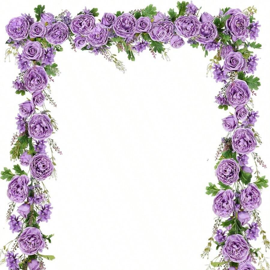 2Pack Artificial Peony Flower Garland - Silk Peony Garland With White Flowers Wedding Party Table Decoration, 6ft/Strand - 紫藤 + 2 - 查看 1