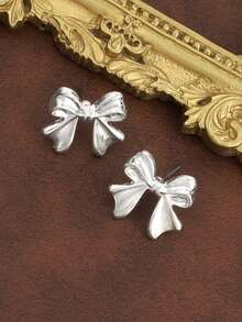 1 Pair Elegant Minimalist Vintage Casual Sweet Romantic Bowknot Earrings, Versatile - Silver - View 5