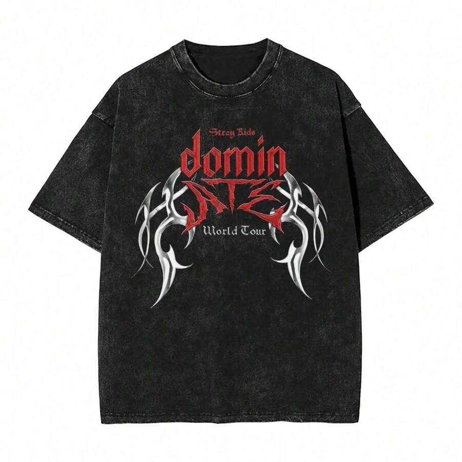 SKZ StrayKided 2025 World Tour Washed T Shirt Streetwear Hip Hop Vintage T-Shirt Tees Tops Men Women Short Sleeve Streetwear - 黑色 - 查看 1