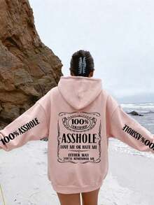 Plus Size Women Slogan Print Drop Shoulder Long Sleeve Casual Loose Thermal Lined Hoodie Sweatshirt, Autumn/Winter - 粉色 - 查看 5
