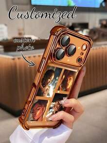 1pc Customized Personalized Photo Phone Case, Electroplated Shockproof Soft Silicone Protective Cover Compatible With Iphone 17 16 15 14 13 12 11 Pro Promax Plus, Galaxy S25 S24 S23 S22 Ultra Edge, OPPO Phones, Anniversary, Valentine's Day, Birthday, Wedding, Mother's Day, Father's Day, Best Friend Gift, Gift For Mom/Dad, Boyfriend, Girlfriend - Gold - View 2