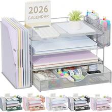 Gianotter Desk Organizers And Accessories With File Holder, 4-Tier Desk Accessories & Workspace Organizers With Drawer And 2 Pen Holder, Paper Organizer For Office Supplies (Grey) - 灰色 - 查看 1