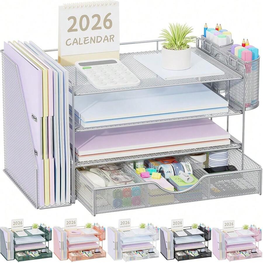 Gianotter Desk Organizers And Accessories With File Holder, 4-Tier Desk Accessories & Workspace Organizers With Drawer And 2 Pen Holder, Paper Organizer For Office Supplies (Grey) - 灰色 - 查看 1