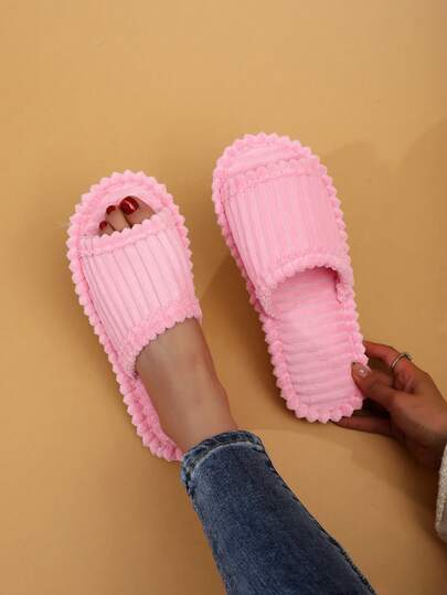 女士灯芯绒露趾拖鞋，粉色春夏室内家居拖鞋，凉拖