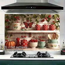 1pc Large Kitchen Back Wall Wallpaper Decor - Red And White Cabinet Shelf Decoration With Vintage Kitchenware Designs (Cups, Pumpkins, Butterflies) - Self-Adhesive PVC Film, Easy To Apply And Remove, No Residue
