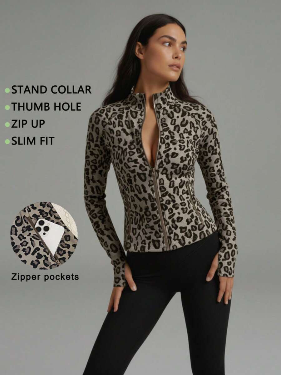 Women's Fitted Leopard Print Zip-Up Yoga Jacket - Apricot - View 1