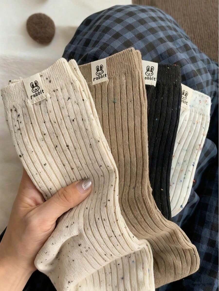 4 Pairs Of Women's Solid Color Mid-Calf Socks, Casual, Breathable, And Stylish Socks, Women's Ankle Socks And Pantyhose, Warm Winter Socks, Bunny Pattern Design, Suitable As Easter Gifts.