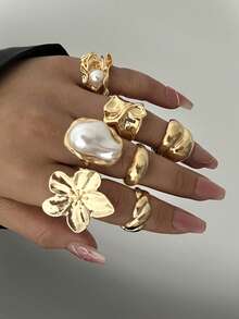 Bộ 12/10/7/6/5 chiếc nhẫn xếp chồng nhiều mảnh kiểu cổ điển, dày dặn/thanh lịch với nhiều họa tiết hoa, giọt nước, hạt tròn, ngọc trai giả, sao biển, xếp nếp, họa tiết hình học bất thường, lượn sóng, đan chéo, bện, nhiều lớp, rỗng tròn, trơn, kiểu kim loại tối giản, thiết kế lớn, thời trang, thanh lịch, cổ điển, tinh tế, thích hợp cho ngày lễ, tiệc tùng, hẹn hò, làm quà tặng, đeo hàng ngày. - Vàng - Xem 5