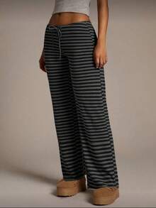 Women's New Ultra Low Waist Black Striped Pants, Suitable For Spring, Summer, Autumn And Winter, Black Pants, All Seasons, Women's Autumn Clothing, Random Striped Print - Black - View 3