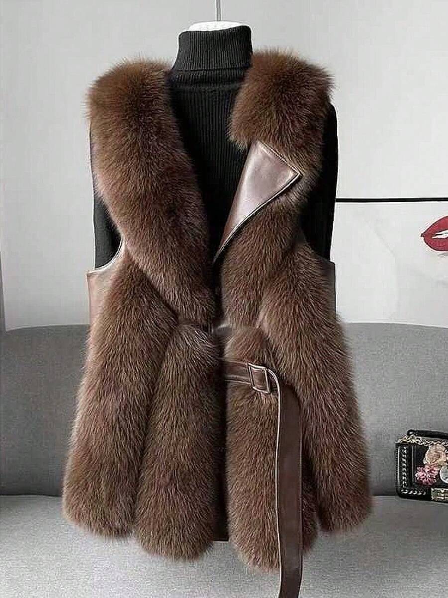 Women's Imitation Fox Fur Vest Slim And Thin Fashion Solid Color Jacket - màu nâu - Xem 1