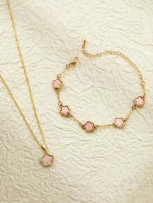 1 Set Fashion Lucky 5-Petal Flower & Clover Jewelry Necklace & Bracelet Set For Girls - Two-piece Set - View 1