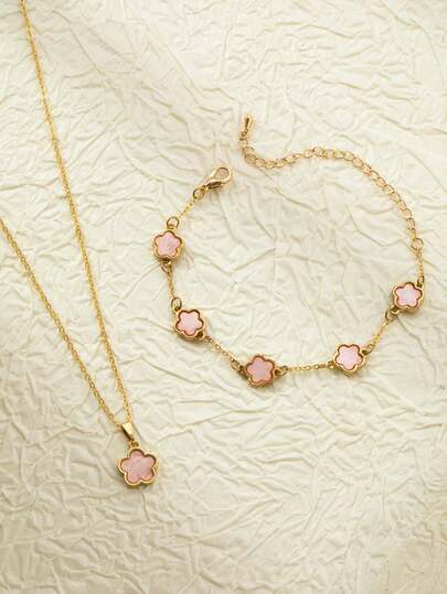 一套时尚幸运五瓣花和四叶草首饰项链和手链套装（女童款）