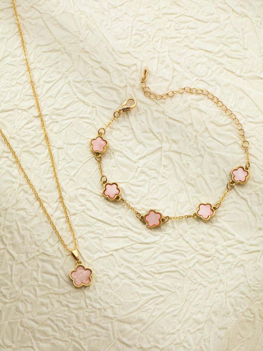 1 Set Fashion Lucky 5-Petal Flower & Clover Jewelry Necklace & Bracelet Set For Girls - Two-piece Set - View 1