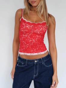 Women Y2K Floral Lace Camisole Tank Top Contrast Color Patchwork Spaghetti Strap Square Neck Slim Fit Camisole Crop Tops Sexy See Through Backless Sleeveless Vest Shirt Summer Daily Going Out Top Coquette Aesthetic Clothes Party Club Casual Streetwear - 紅色 - 查看 1