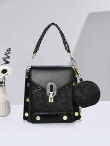 Black Rivet Flap Mini Lock Closure Mini Shoulder Bag, Korean Fashion Versatile Crossbody Bag, Chain Strap Handbag, Wide Strap Letter Print Tote Bag, Suitable For Daily Commute, Shopping, Dating And Other Occasions