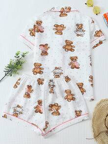 2pcs Comfy Teddy Bear Print Short Sleeve Polo Collar Top With Pocket And Bow Shorts Pajama Set For Women - White - View 2