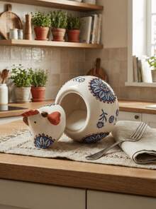 1pc 400ML Rooster Ceramic Seasoning Jar With Small Spoon, Hand-Painted Chicken Lid Ceramic Spice Storage Jar - Blue - View 2