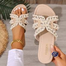 Women's Flat Sandals, Vacation Style Beige Strap Pearl Fashion Slippers, New Beach Rhinestone Slippers, Spring/Summer 2026 - Beige - View 14