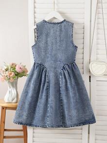 1 pezzo Vestito di jeans vintage con fiocco in vita, design alla moda coreano, minimalista e carino, adatto per ragazze pre-adolescenti per uso esterno o quotidiano, comodo, primavera - Lavaggio chiaro - Visualizzare 3