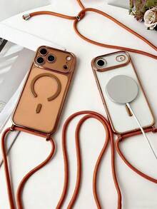 奢华斜挎项链挂绳电镀透明手机壳，兼容 17 Air 16 E 16 15 14 13 12 Pro Max 11，亮面磁吸无线充电保护套