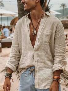 男士纯色宽松休闲衬衫，带口袋，长袖，秋季